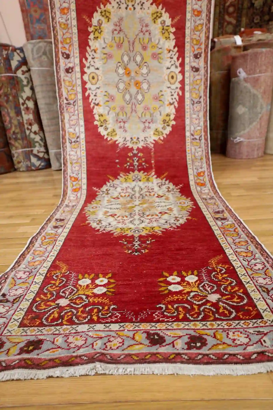4′ x 15′ Red Fine Hand-Knotted Vintage Turkish Oushak Runner – Traditional Wool