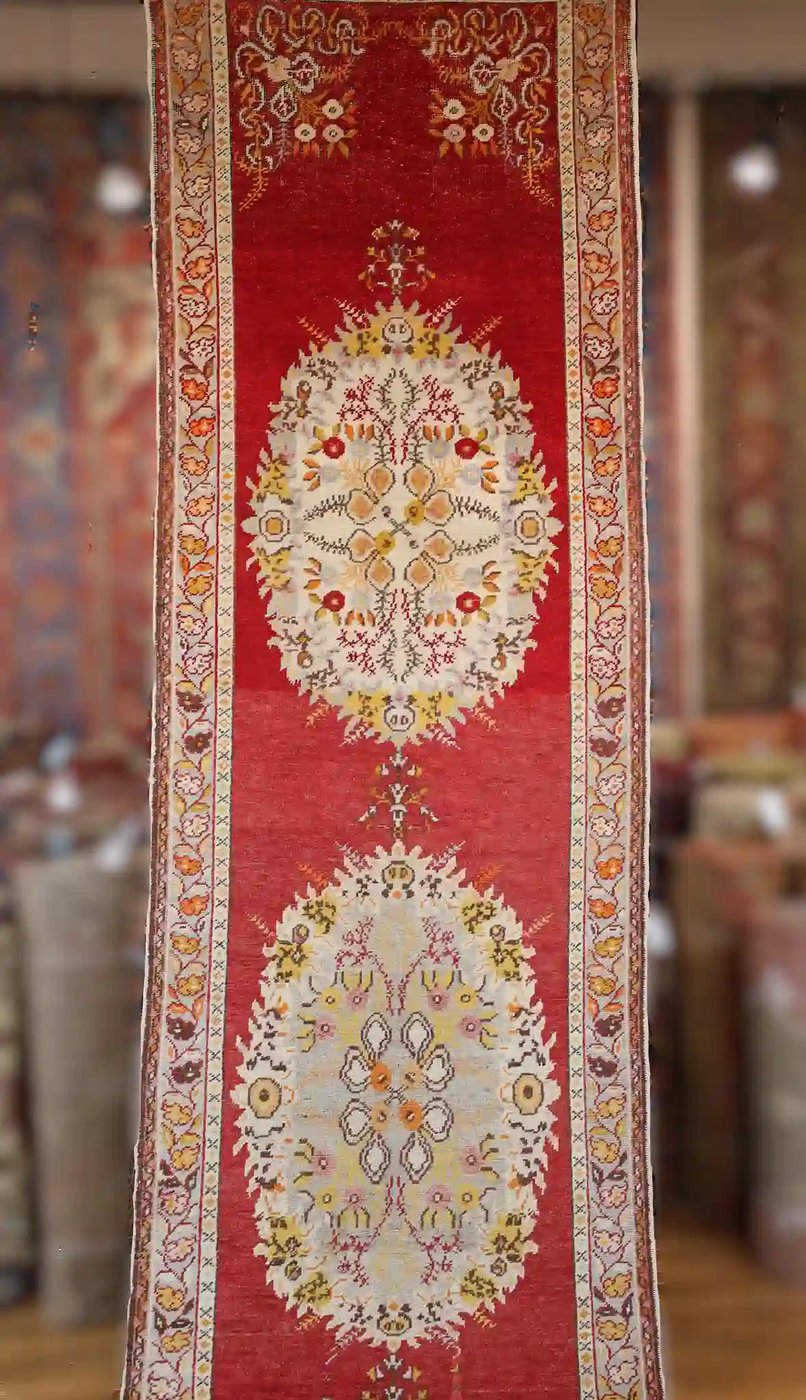 4′ x 15′ Red Fine Hand-Knotted Vintage Turkish Oushak Runner – Traditional Wool