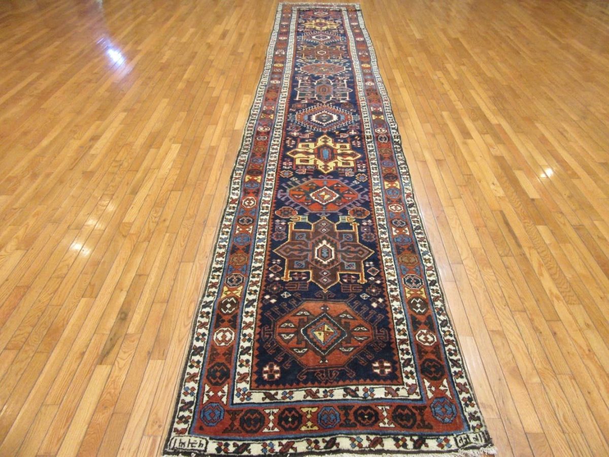 3′ x 17′ Antique Persian Heriz Navy Rust Tribal Runner Rug – Traditional Hand-Knotted Wool