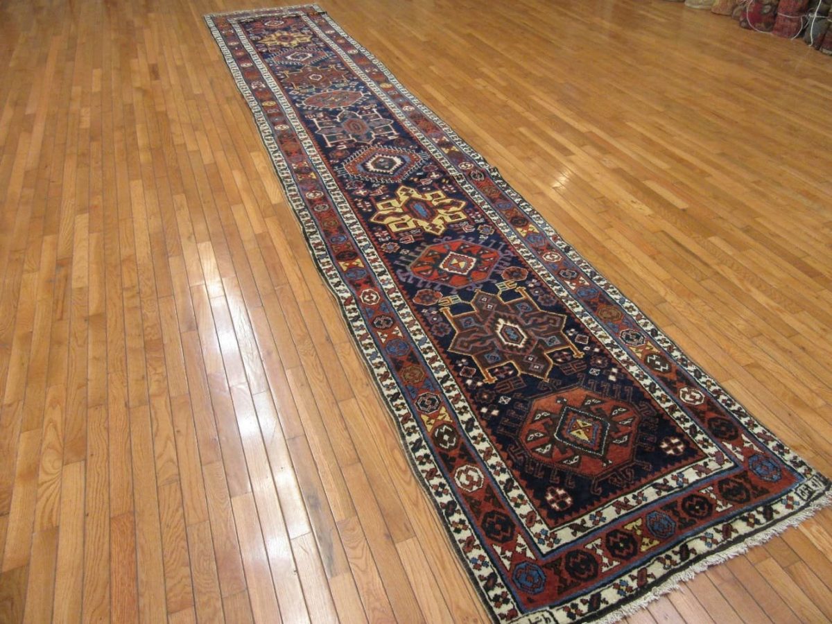 3′ x 17′ Antique Persian Heriz Navy Rust Tribal Runner Rug – Traditional Hand-Knotted Wool
