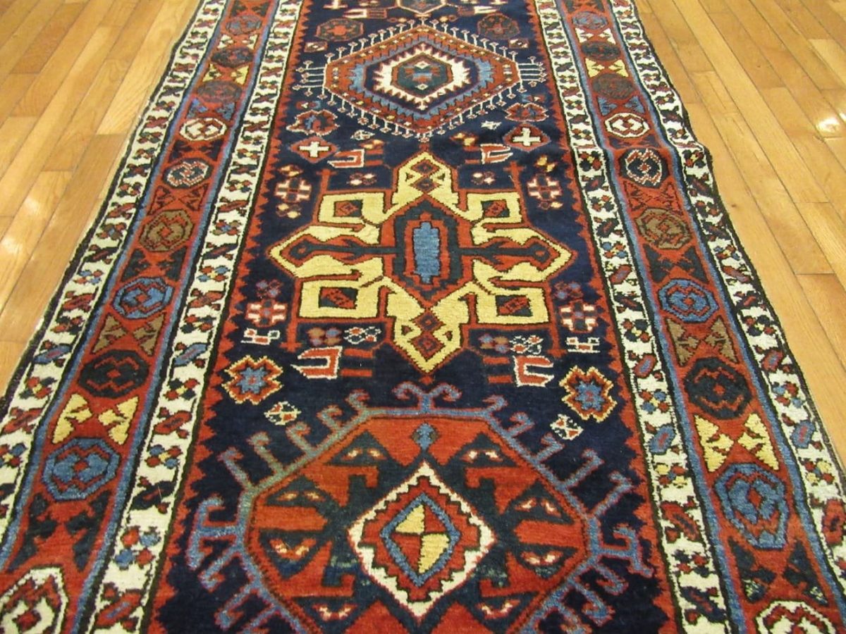 3′ x 17′ Antique Persian Heriz Navy Rust Tribal Runner Rug – Traditional Hand-Knotted Wool