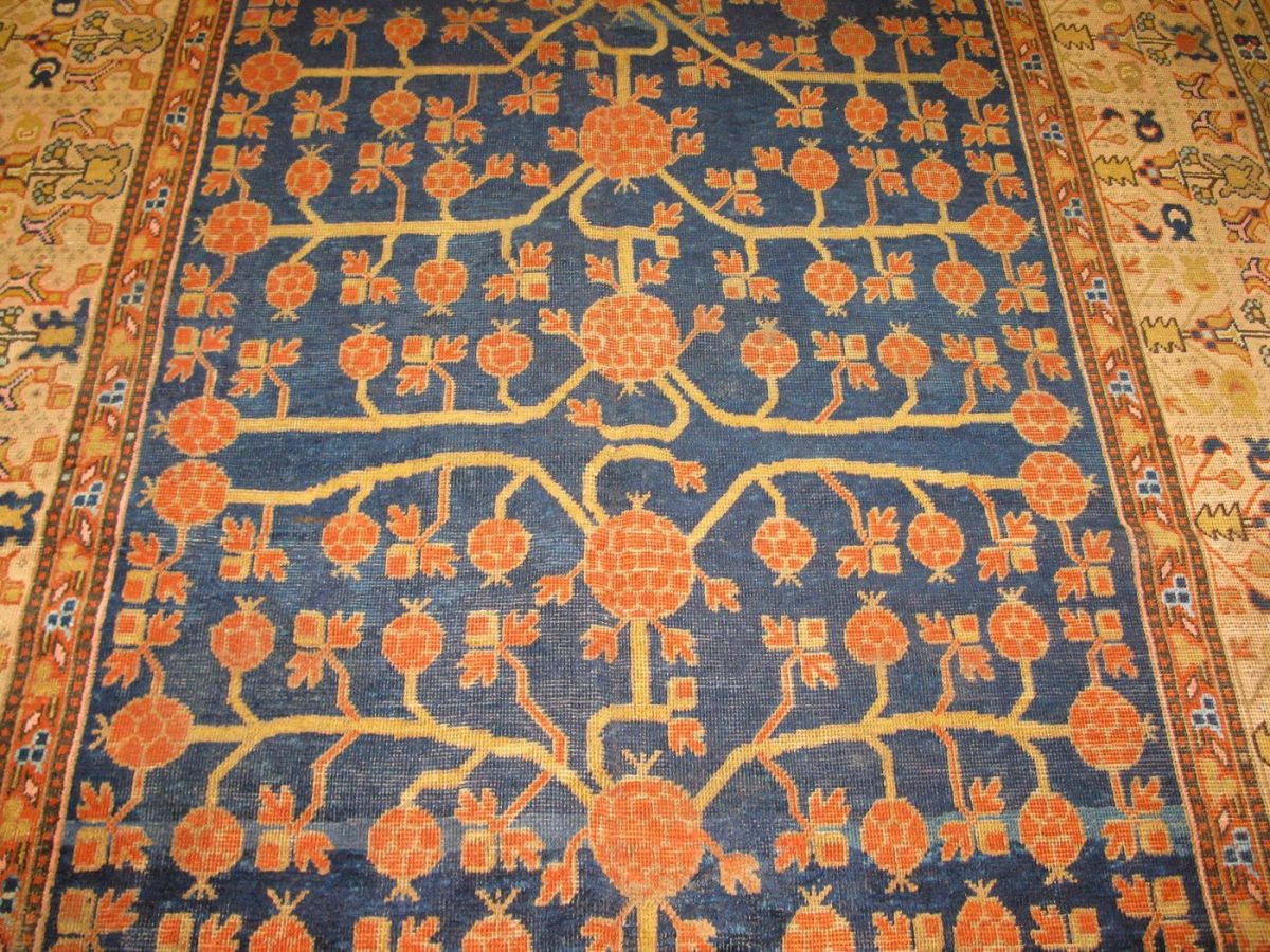 6′ x 10′ Antique Uzbek Khotan Pomegranate Rug – Hand-Knotted Wool