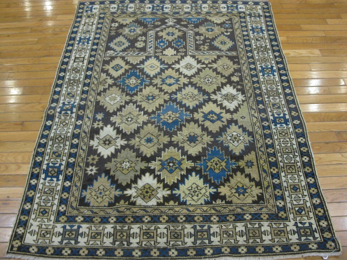 4′ x 5′ Caucasian Navy & Ivory Geometric Kazak Rug – Traditional Wool - 1 4′ x 5′ Caucasian Navy & Ivory Geometric Kazak Rug – Traditional Wool