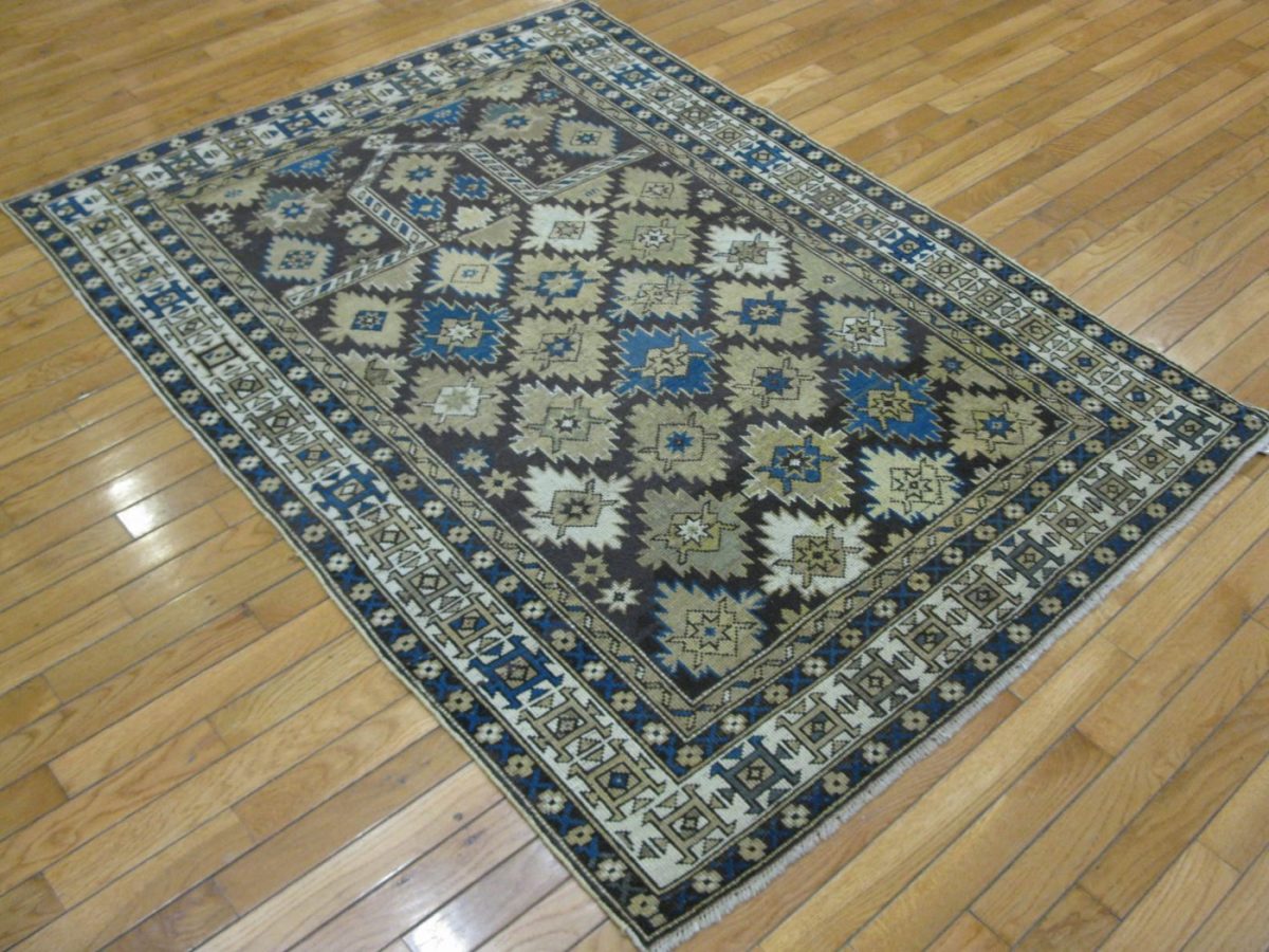 4′ x 5′ Caucasian Navy & Ivory Geometric Kazak Rug – Traditional Wool - 5 4′ x 5′ Caucasian Navy & Ivory Geometric Kazak Rug – Traditional Wool