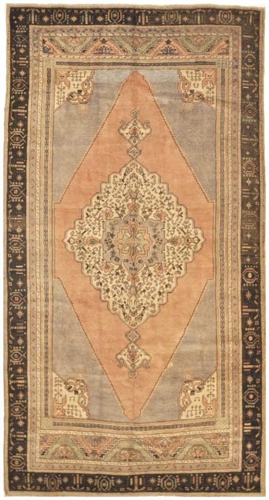 5′ x 10′ Soft Apricot and Ice Blue Hand-Knotted Vintage Turkish Oushak Rug – Traditional Wool