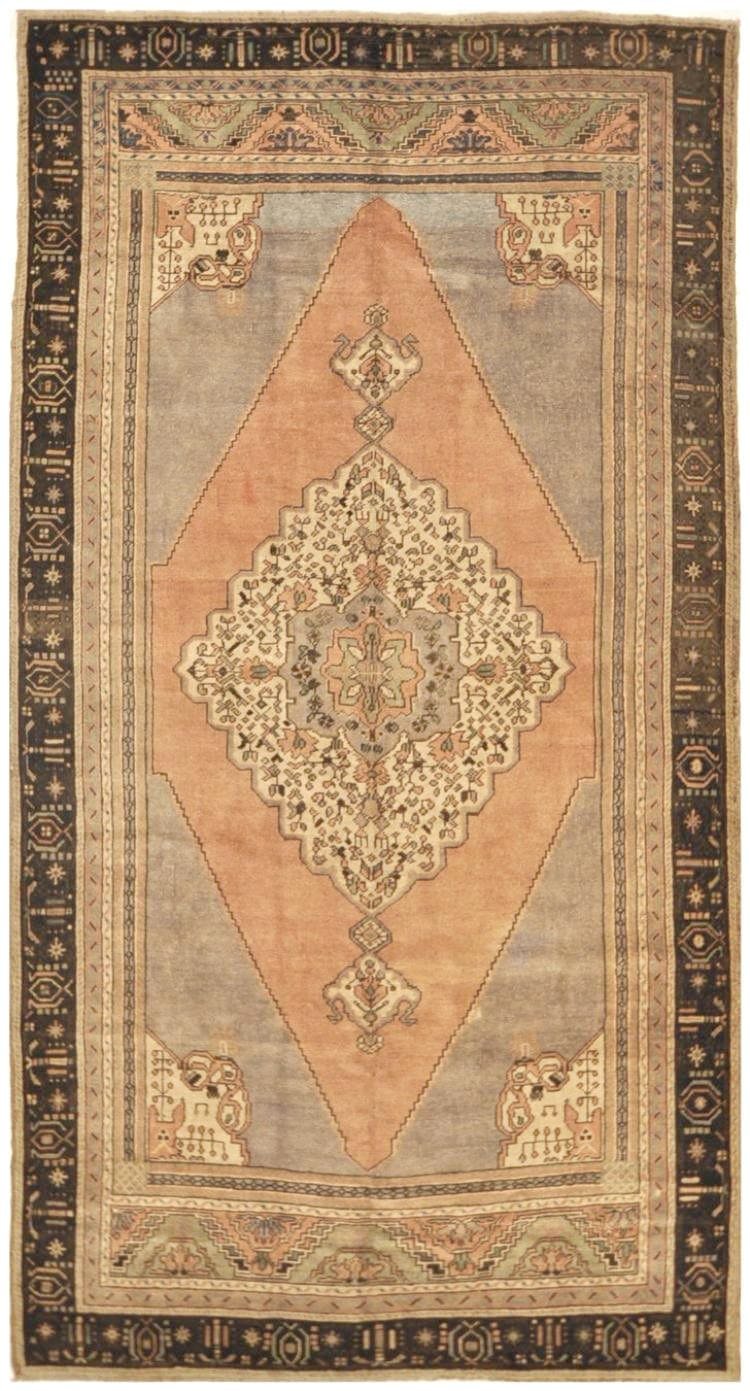 5′ x 10′ Soft Apricot and Ice Blue Hand-Knotted Vintage Turkish Oushak Rug – Traditional Wool