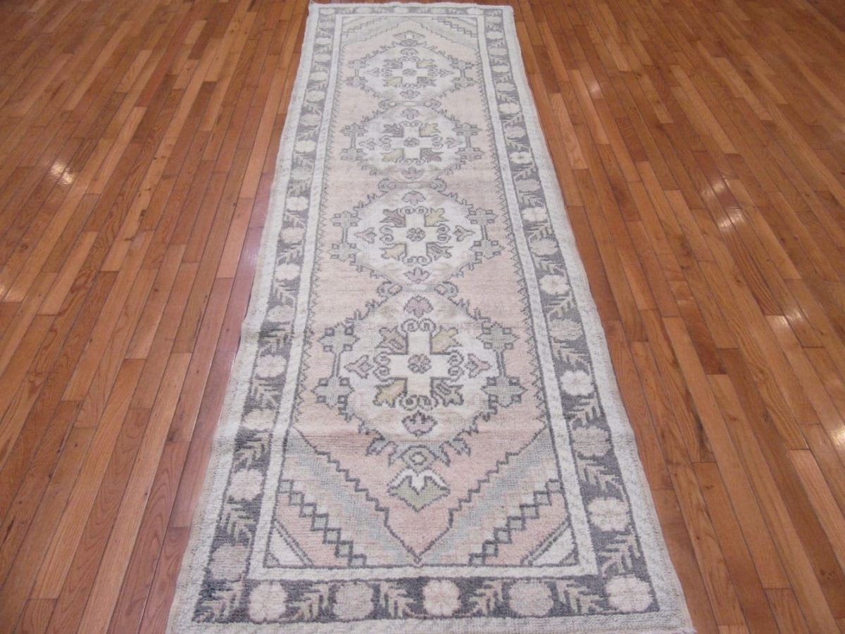 3′ x 10′ Vintage Turkish Oushak Ivory Gray Medallion Runner Rug – Transitional Wool