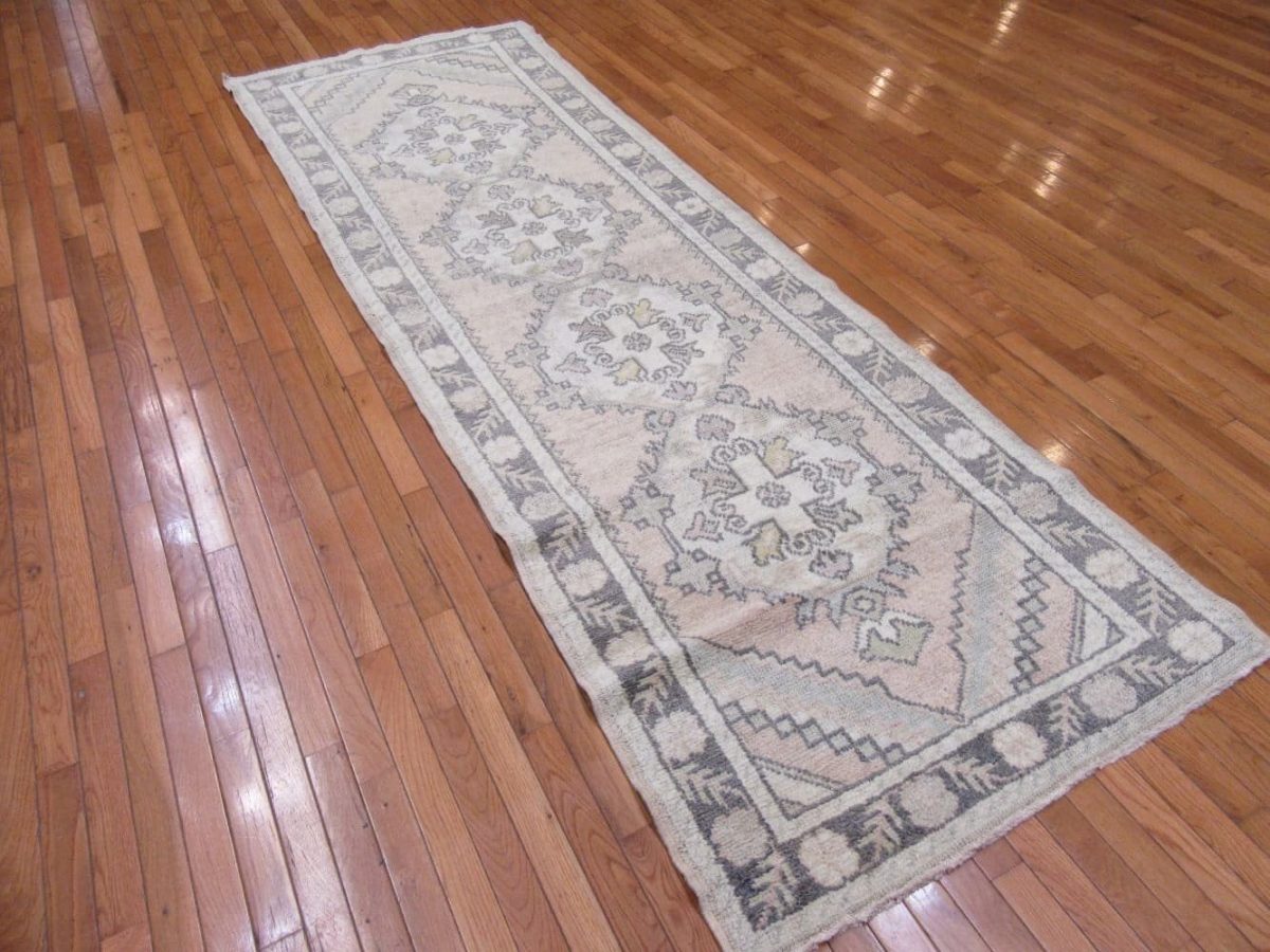 3′ x 10′ Vintage Turkish Oushak Ivory Gray Medallion Runner Rug – Transitional Wool