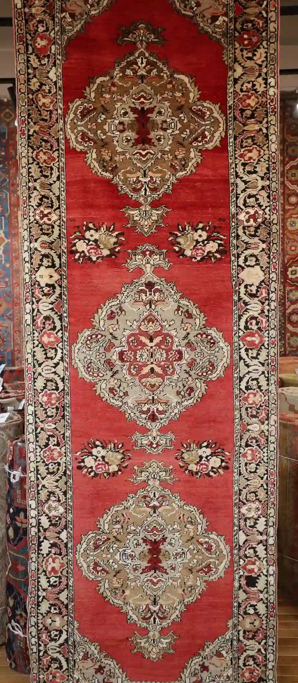 4′ x 11′ Red Fine Hand-Knotted Vintage Turkish Oushak Runner – Traditional Wool