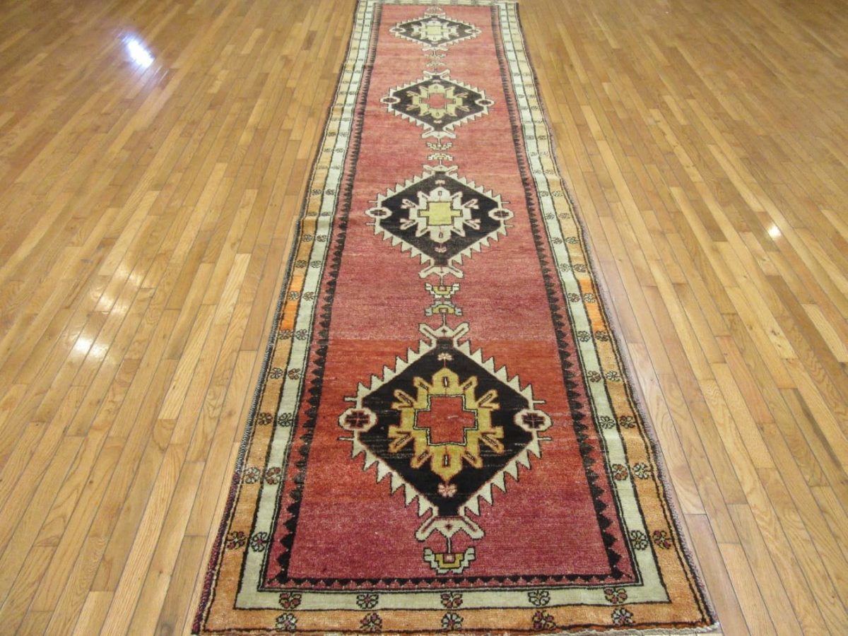 4′ x 14′ Turkish Rust Black Medallion Runner – Vintage Hand-Knotted Wool