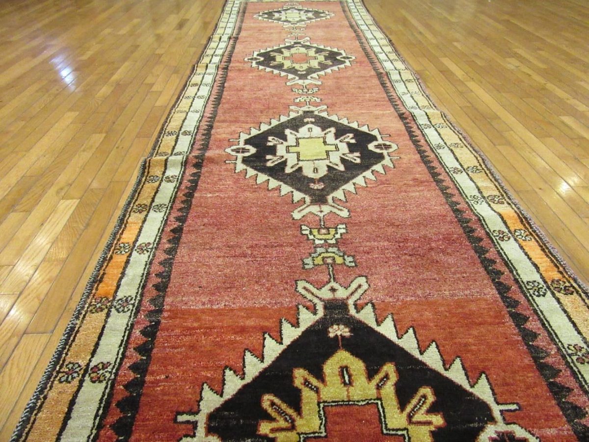 4′ x 14′ Turkish Rust Black Medallion Runner – Vintage Hand-Knotted Wool
