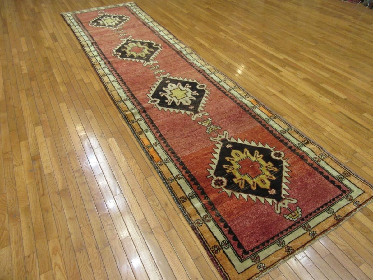4′ x 14′ Turkish Rust Black Medallion Runner – Vintage Hand-Knotted Wool