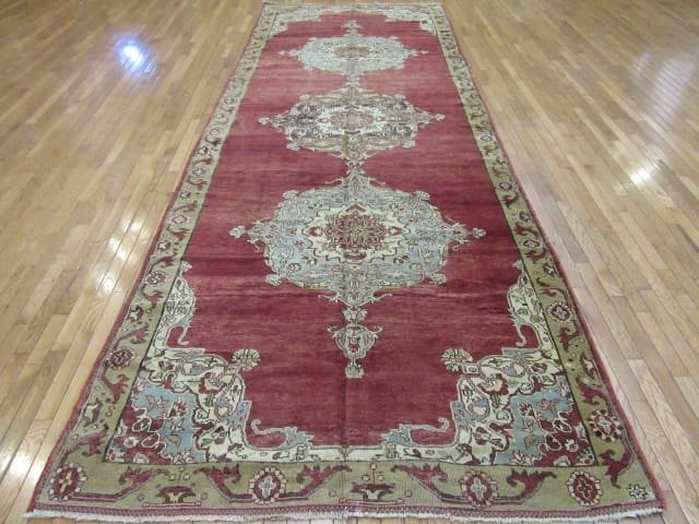 5′ x 15′ Turkish Oushak Rust Blue Ivory Medallion Runner – Vintage Hand-Knotted Wool