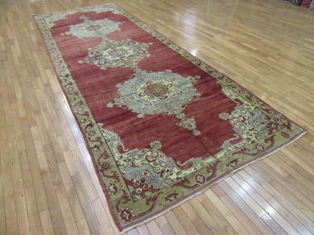 5′ x 15′ Turkish Oushak Rust Blue Ivory Medallion Runner – Vintage Hand-Knotted Wool