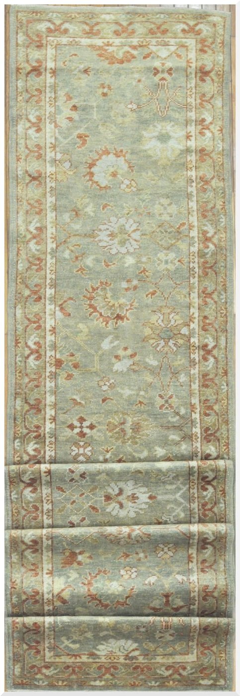 3′ x 18′ Pale Green Fine Hand-Knotted Turkish Oushak Runner – Transitional Wool