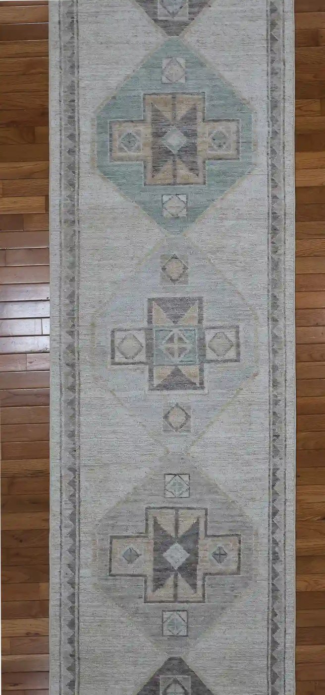 3′ x 13′ Beige Fine Hand-Knotted Afghan Oushak Runner Rug – Transitional Wool