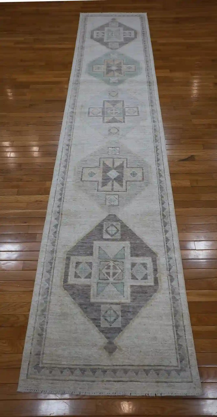 3′ x 13′ Beige Fine Hand-Knotted Afghan Oushak Runner Rug – Transitional Wool