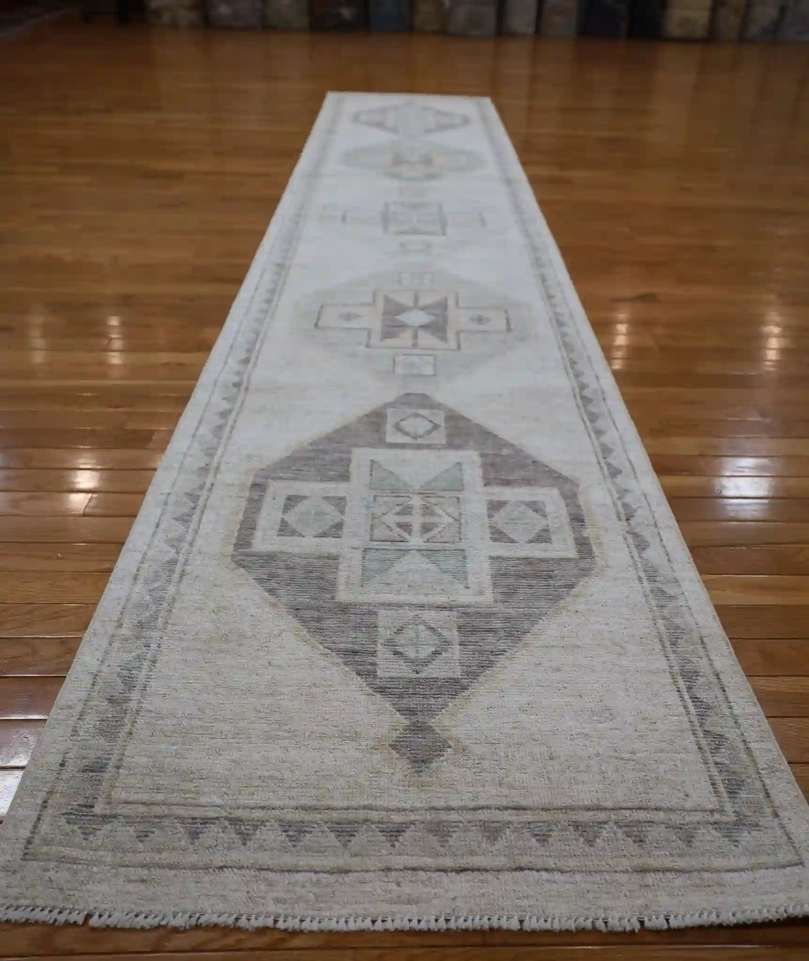 3′ x 13′ Beige Fine Hand-Knotted Afghan Oushak Runner Rug – Transitional Wool