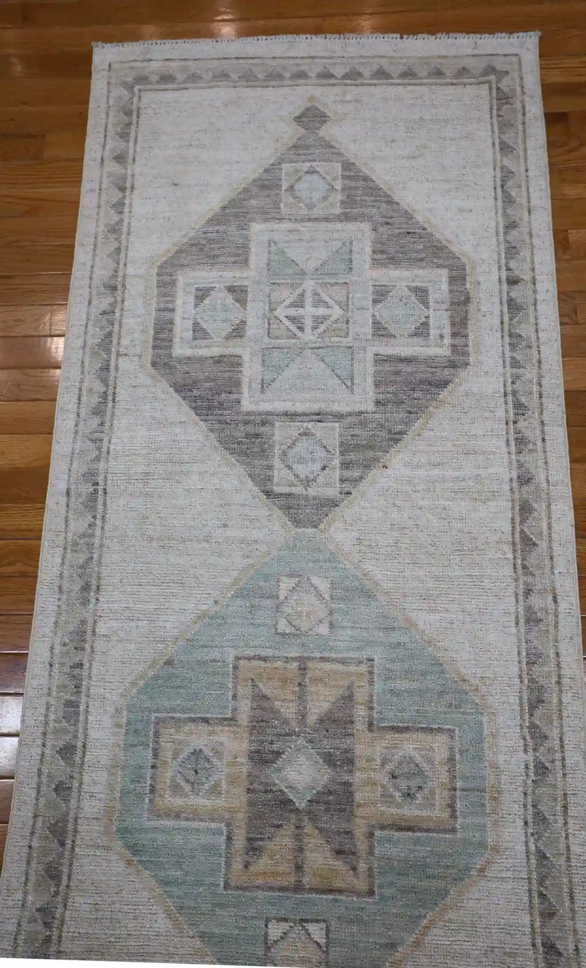 3′ x 13′ Beige Fine Hand-Knotted Afghan Oushak Runner Rug – Transitional Wool