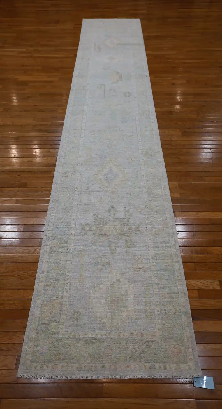 3′ x 16′ Pale Blue Fine Hand-Knotted Afghan Oushak Runner – Traditional Wool