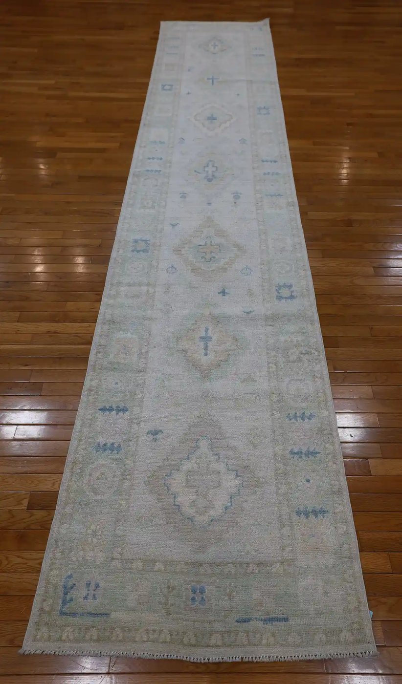 3′ x 15′ Ivory Fine Hand-Knotted Afghan Oushak Runner – Traditional Wool