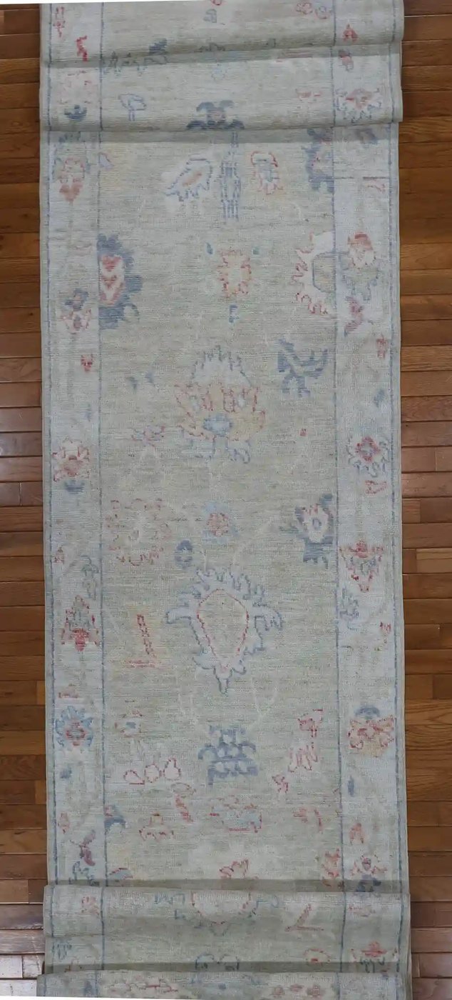 3′ x 19′ Pale Blue Fine Hand-Knotted Afghan Oushak Runner – Traditional Wool