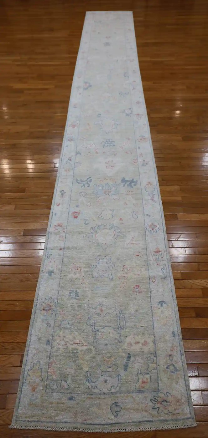 3′ x 19′ Pale Blue Fine Hand-Knotted Afghan Oushak Runner – Traditional Wool