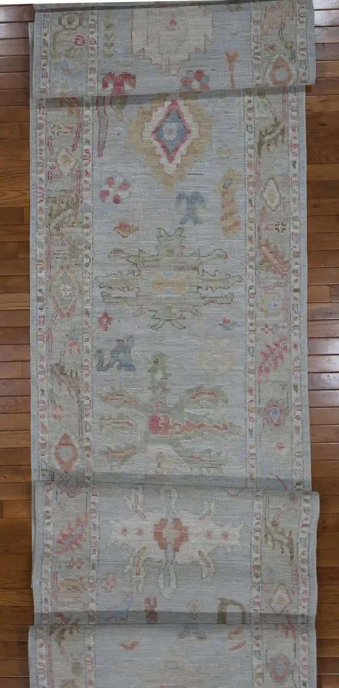 3′ x 18′ Pale Blue Fine Hand-Knotted Afghan Oushak Runner – Traditional Wool