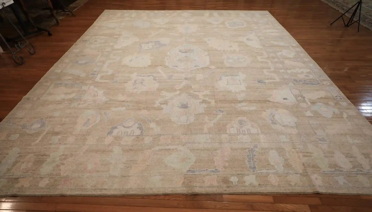 13′ x 15′ Beige Fine Hand-Knotted Turkish Oushak Rug – New Wool & Cotton