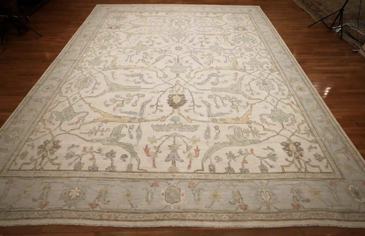 12′ x 15′ Ivory Fine Hand-Knotted Afghan Oushak Rug – Traditional Wool - 1 12′ x 15′ Ivory Fine Hand-Knotted Afghan Oushak Rug – Traditional Wool
