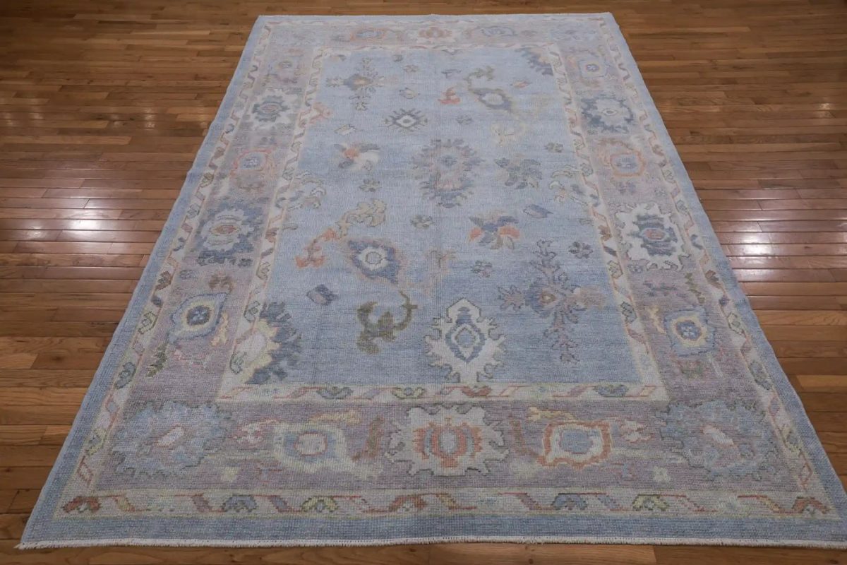 7′ x 9′ Light Blue Fine Hand-Knotted Turkish Oushak Rug – Transitional Wool
