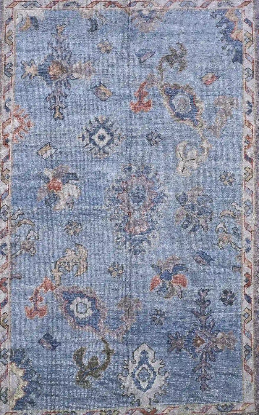 7′ x 9′ Light Blue Fine Hand-Knotted Turkish Oushak Rug – Transitional Wool