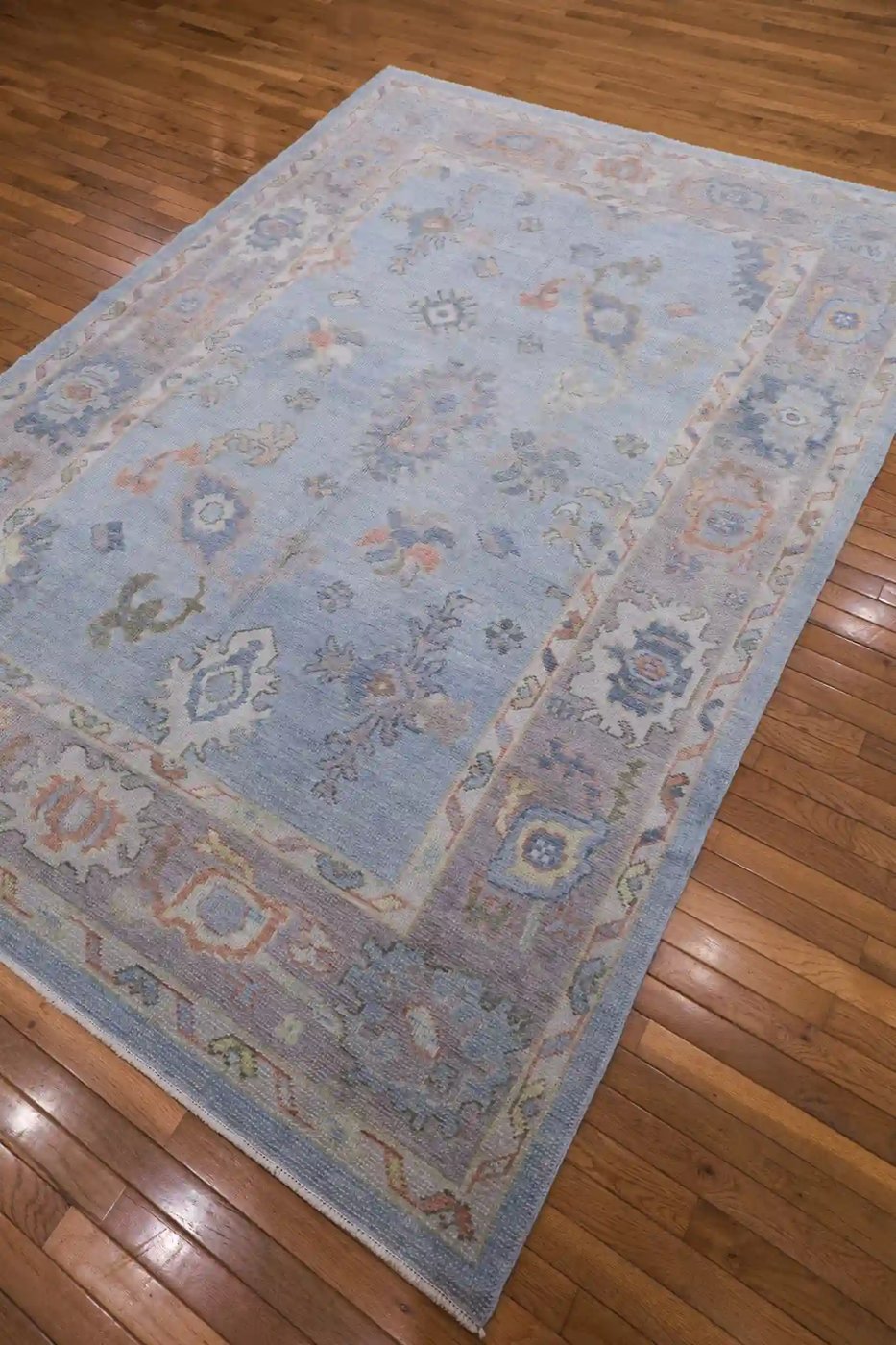 7′ x 9′ Light Blue Fine Hand-Knotted Turkish Oushak Rug – Transitional Wool