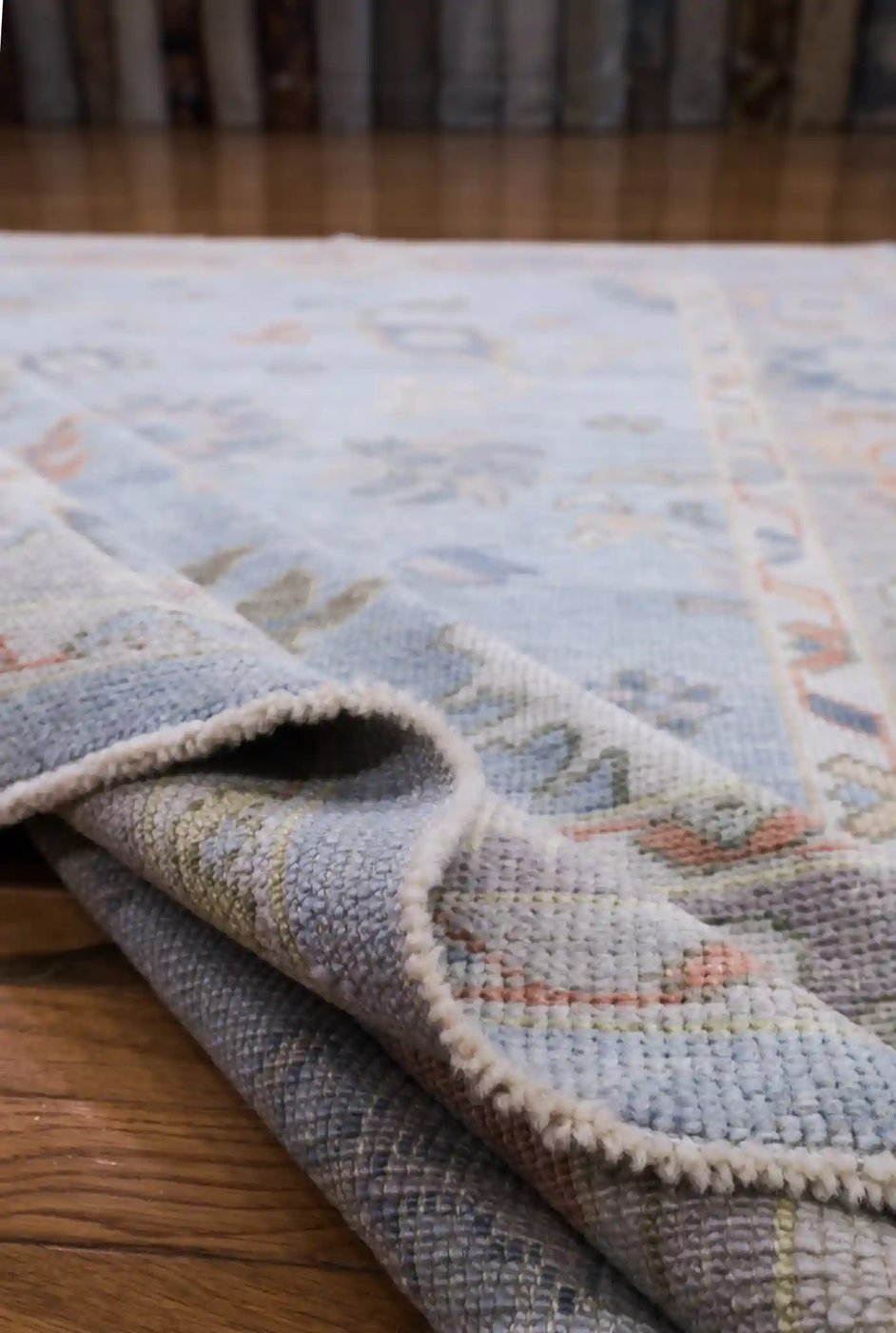 7′ x 9′ Light Blue Fine Hand-Knotted Turkish Oushak Rug – Transitional Wool