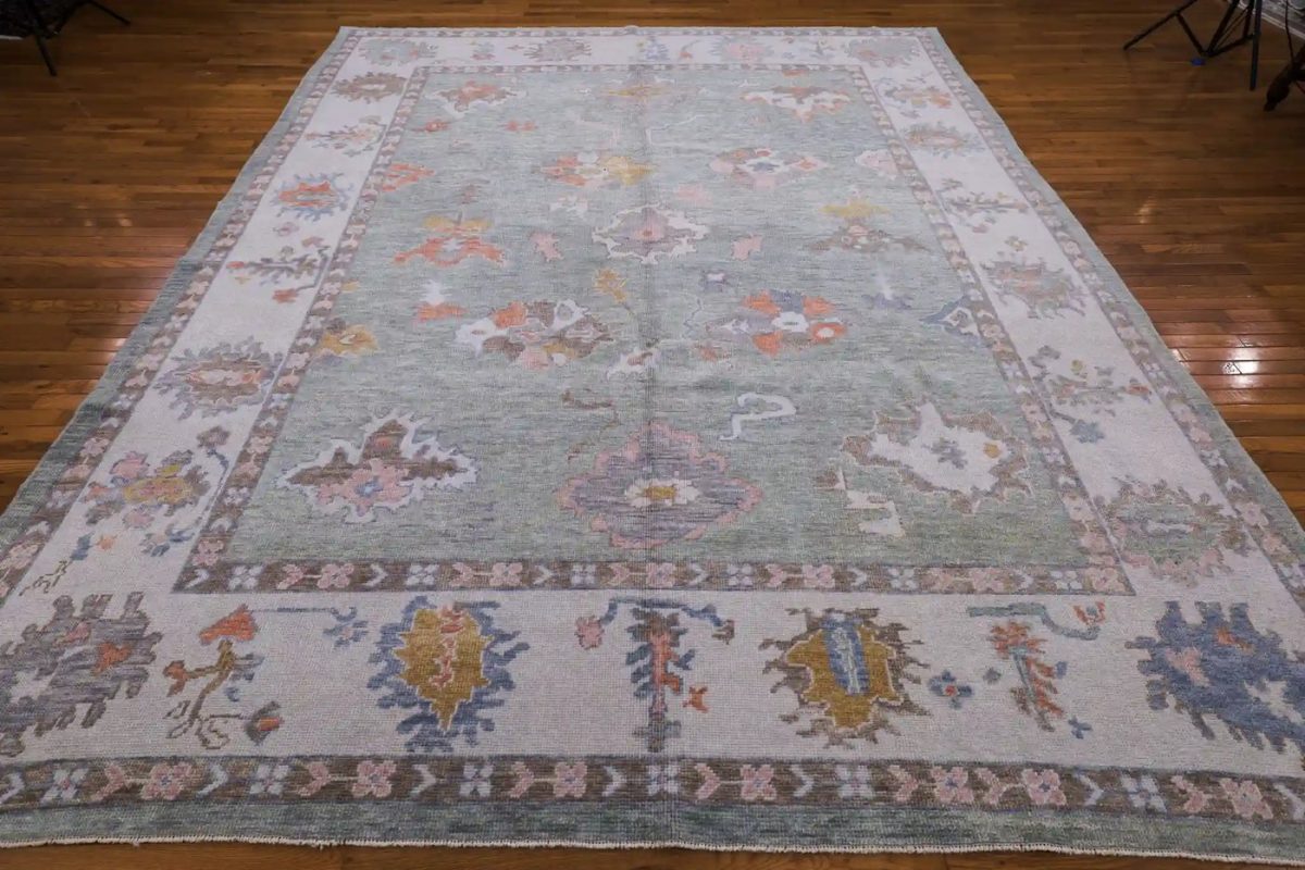 10′ x 13′ Green Fine Hand-Knotted Turkish Oushak Rug – Transitional Wool - 1 10′ x 13′ Green Fine Hand-Knotted Turkish Oushak Rug – Transitional Wool