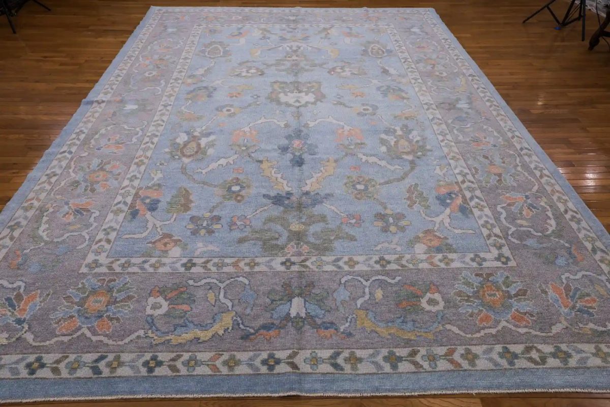 10′ x 13′ Light Blue Fine Hand-Knotted Turkish Oushak Rug – Transitional Wool
