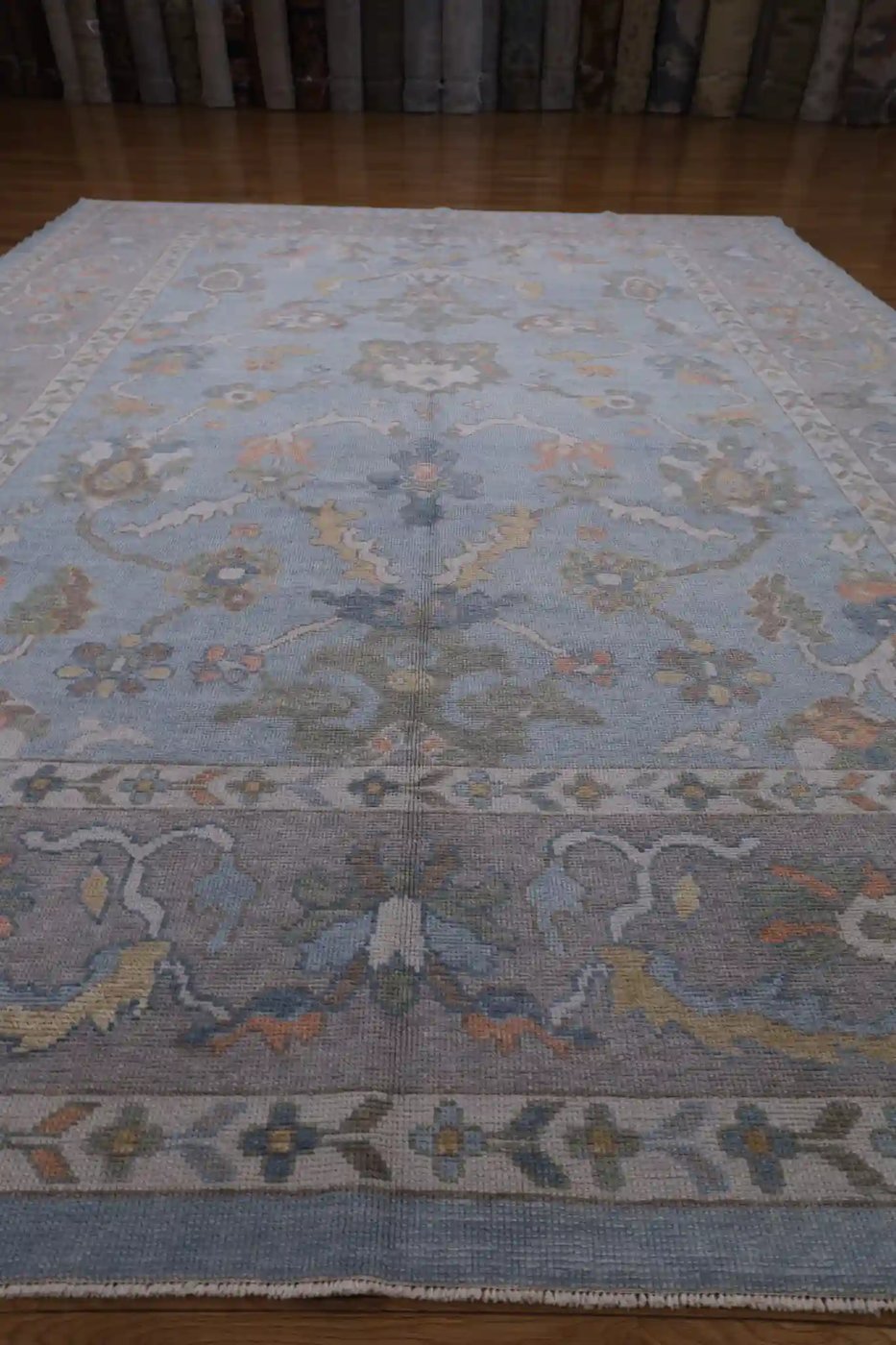 10′ x 13′ Light Blue Fine Hand-Knotted Turkish Oushak Rug – Transitional Wool