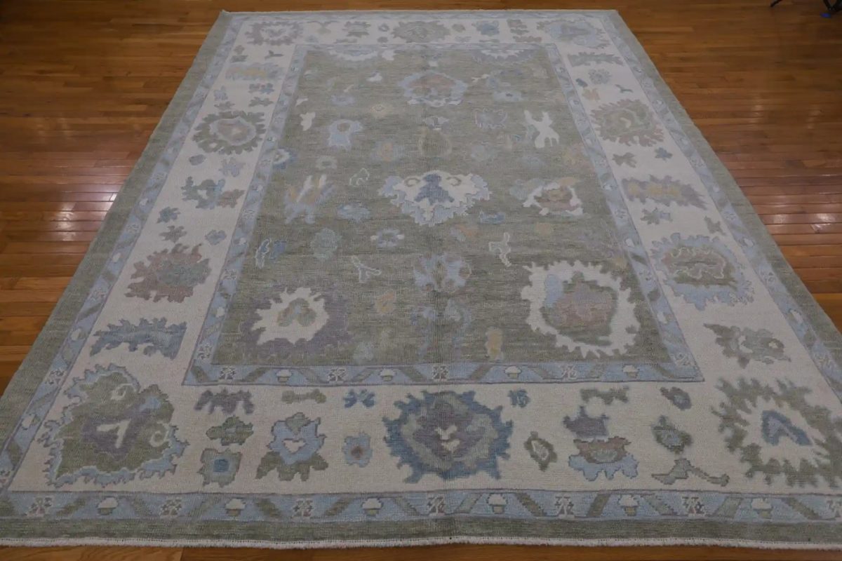 9′ x 10′ Green Fine Hand-Knotted Turkish Oushak Rug – Transitional Wool