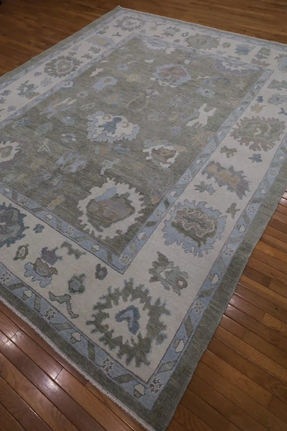 9′ x 10′ Green Fine Hand-Knotted Turkish Oushak Rug – Transitional Wool