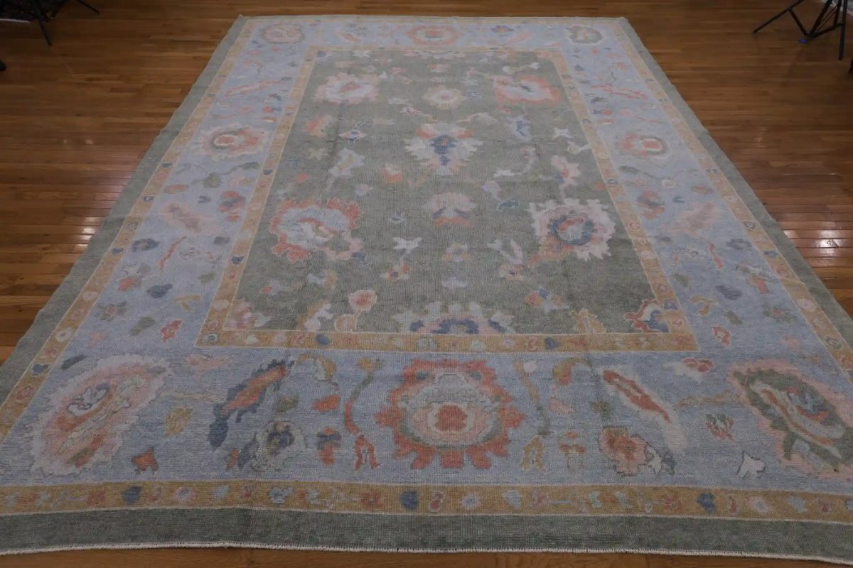 10′ x 12′ Green Fine Hand-Knotted Turkish Oushak Rug – Transitional Wool - 1 10′ x 12′ Green Fine Hand-Knotted Turkish Oushak Rug – Transitional Wool