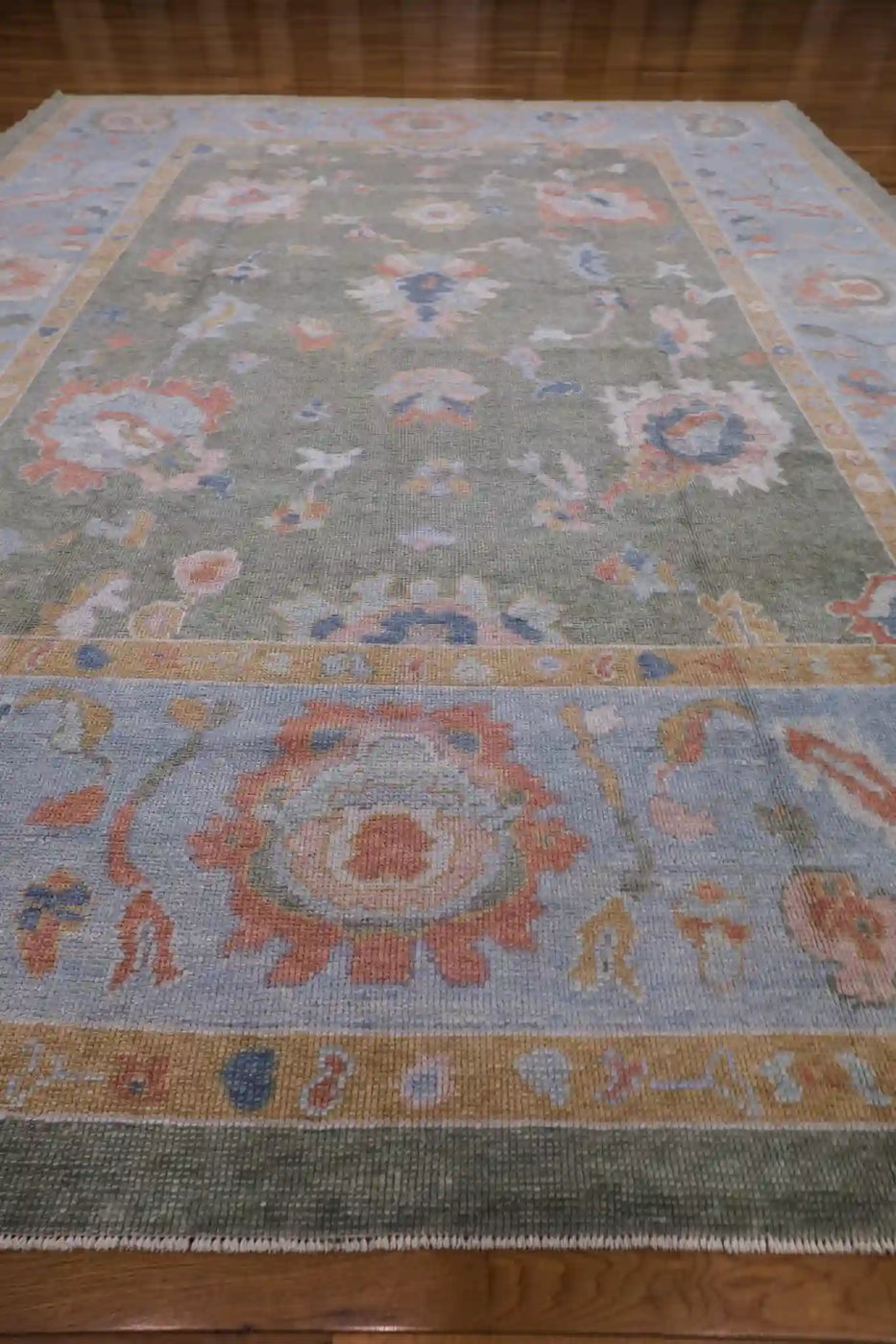 10′ x 12′ Green Fine Hand-Knotted Turkish Oushak Rug – Transitional Wool - 3 10′ x 12′ Green Fine Hand-Knotted Turkish Oushak Rug – Transitional Wool
