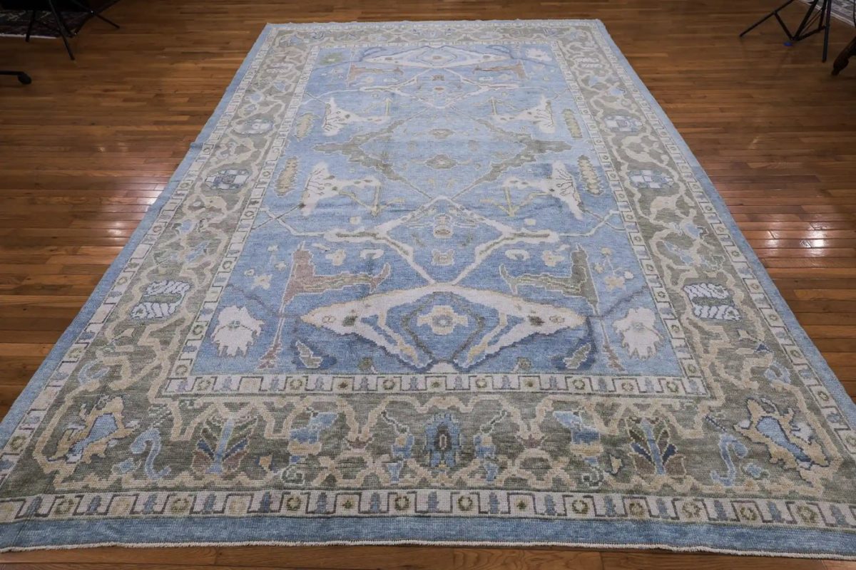9′ x 13′ Light Blue Fine Hand-Knotted Turkish Oushak Rug – Transitional Wool