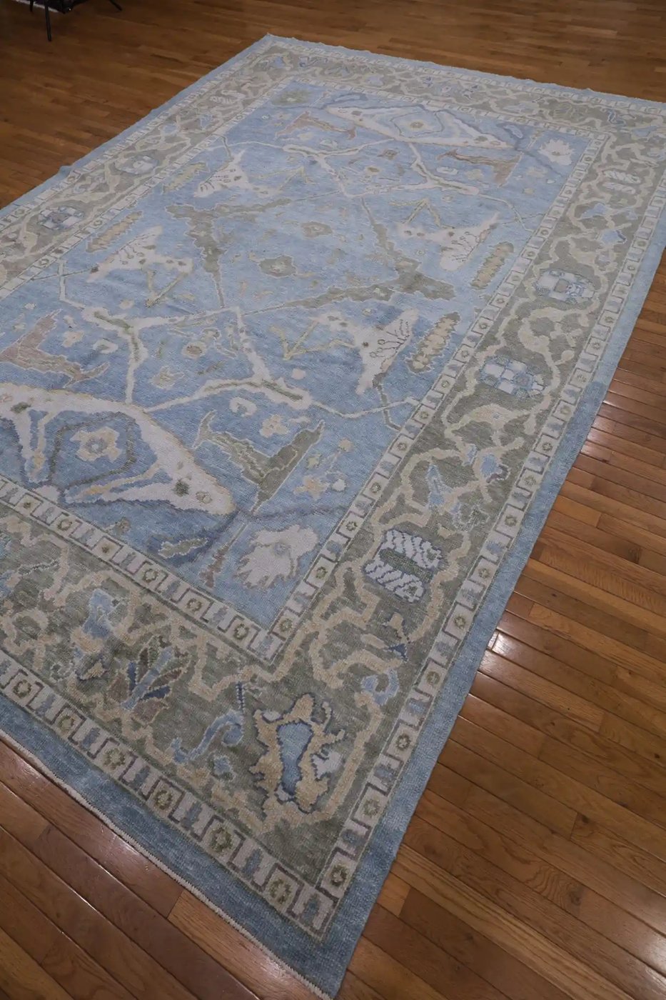 9′ x 13′ Light Blue Fine Hand-Knotted Turkish Oushak Rug – Transitional Wool