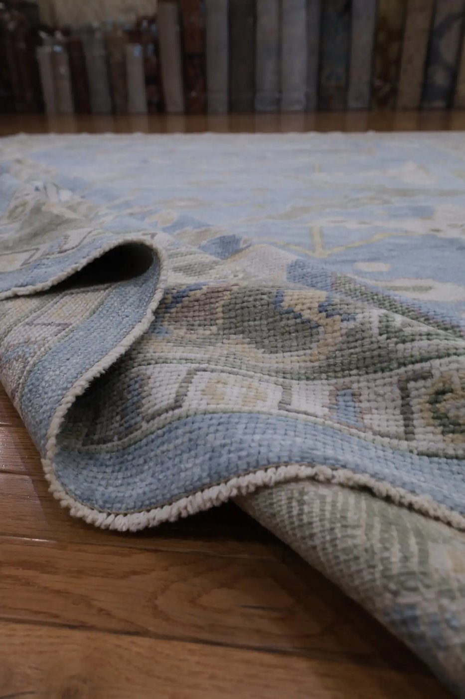 9′ x 13′ Light Blue Fine Hand-Knotted Turkish Oushak Rug – Transitional Wool