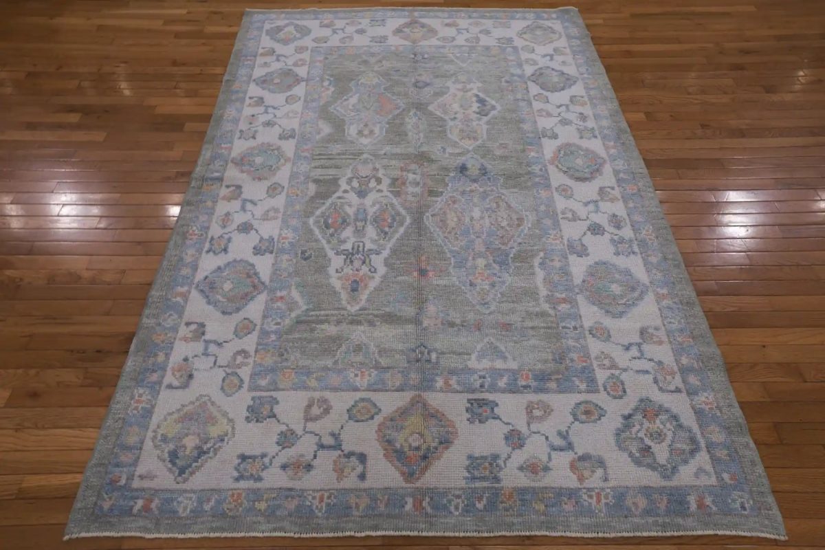 6′ x 8′ Green Fine Hand-Knotted Turkish Oushak Rug – Transitional Wool