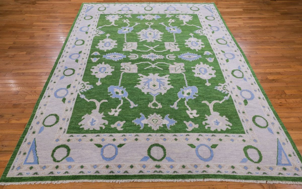 8′ x 10′ Emerald Green Fine Hand-Knotted Oushak Design Rug – Transitional Wool