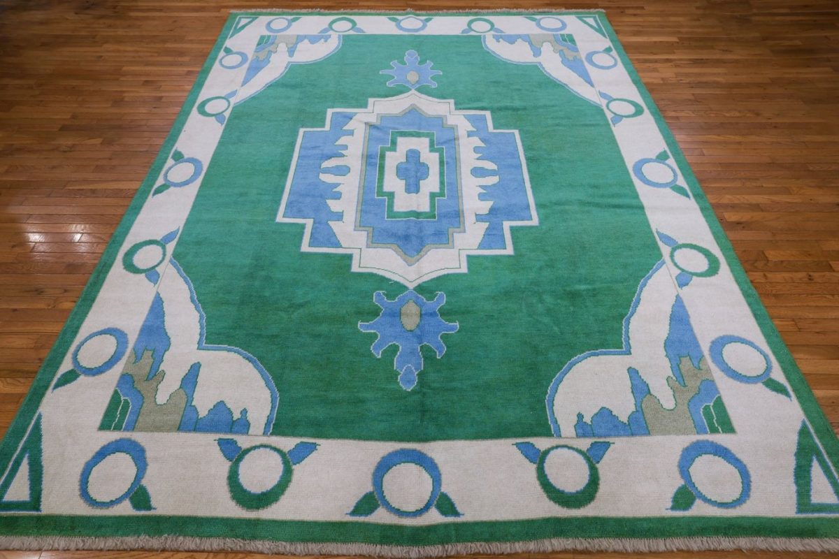 9′ x 11′ Green Fine Hand-Knotted Persian Oushak Rug – Traditional Wool