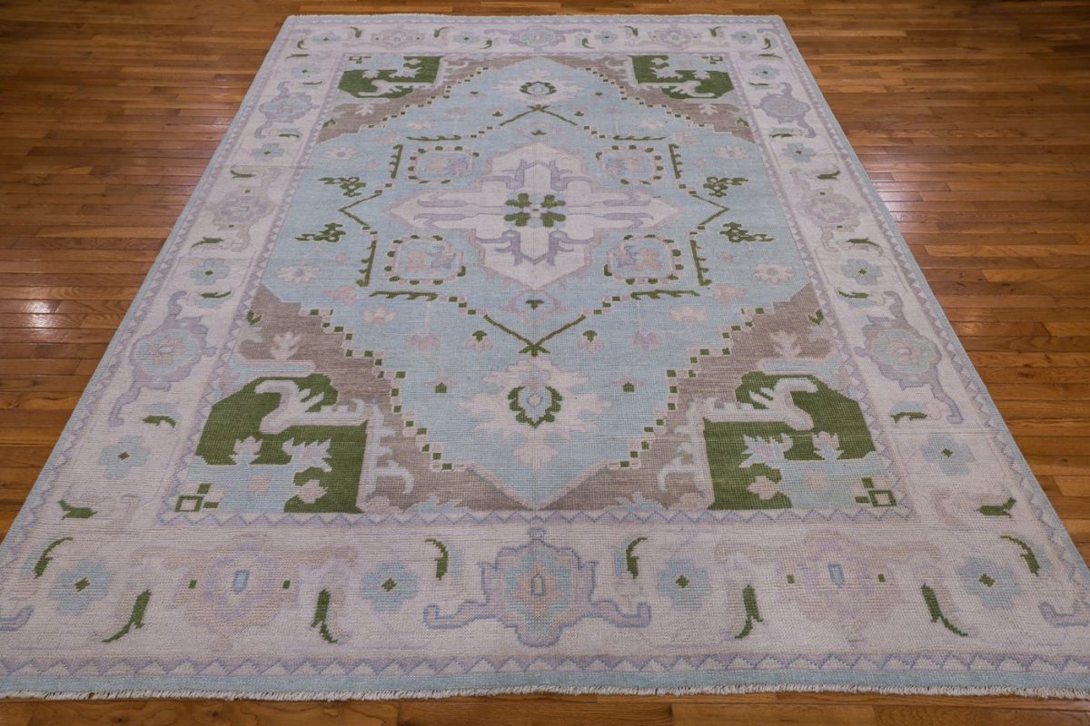 8′ x 10′ Ice Blue Fine Hand-Knotted Persian Oushak Rug – Traditional Wool