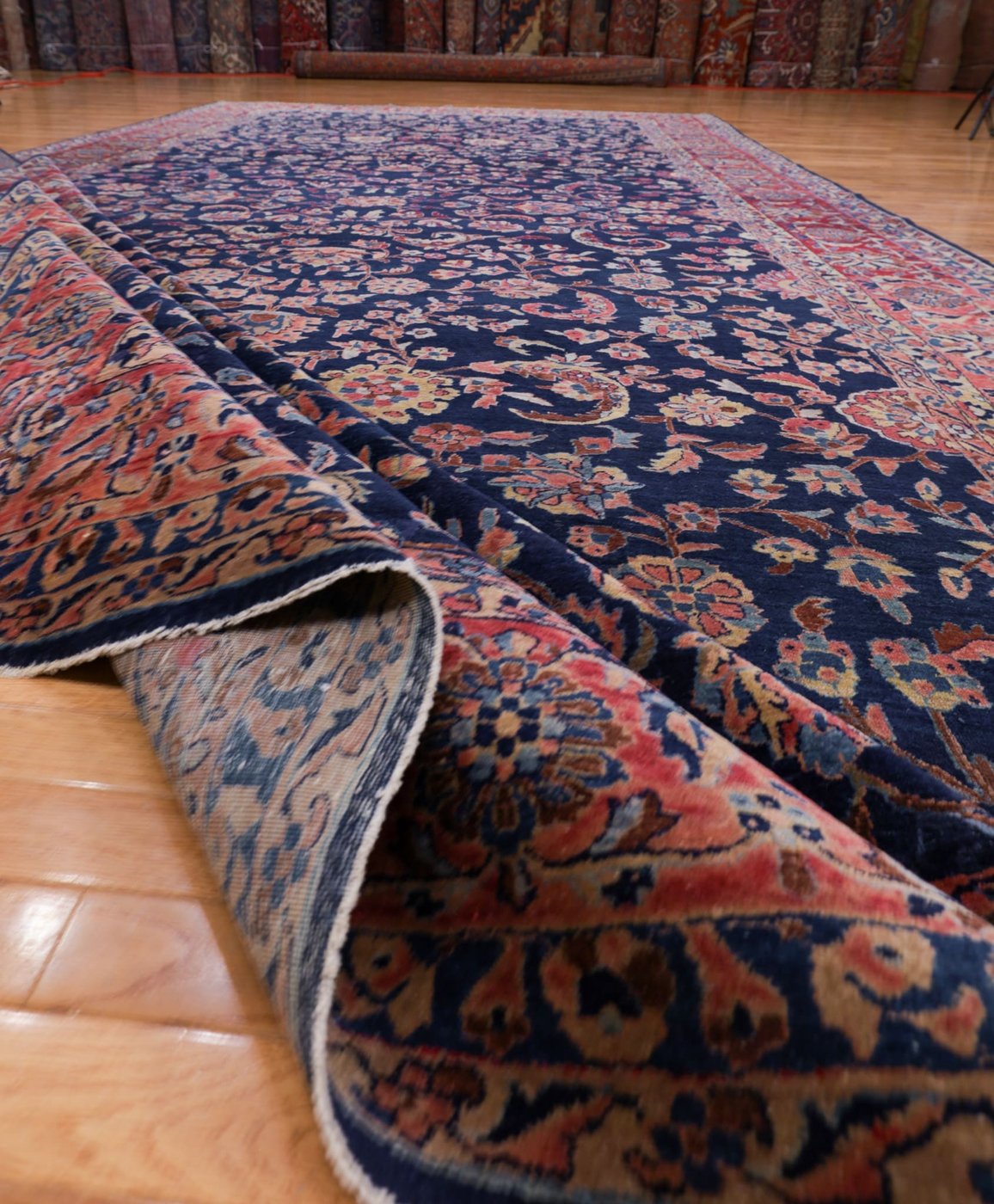 9′ x 17′ Navy Fine Hand-Knotted Persian Sarouk (Mohajeran) Rug – Traditional Wool