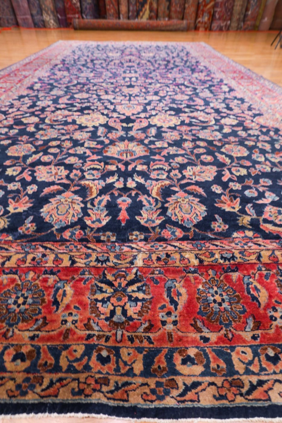 9′ x 17′ Navy Fine Hand-Knotted Persian Sarouk (Mohajeran) Rug – Traditional Wool